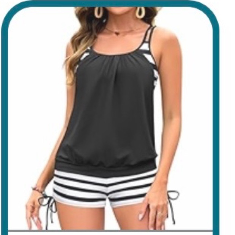 Black and White Striped Women's Tankini set